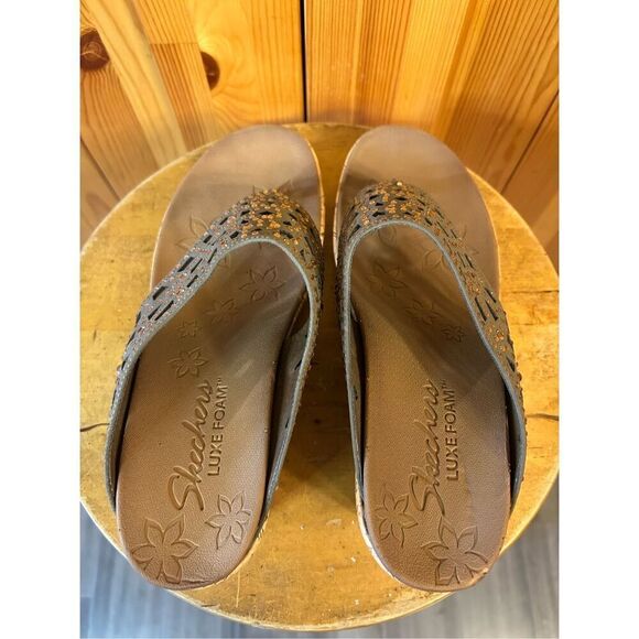 SKECHERS Womens Cork Wedge Sandals Size 10 Gray & Bling - Picture 8 of 10